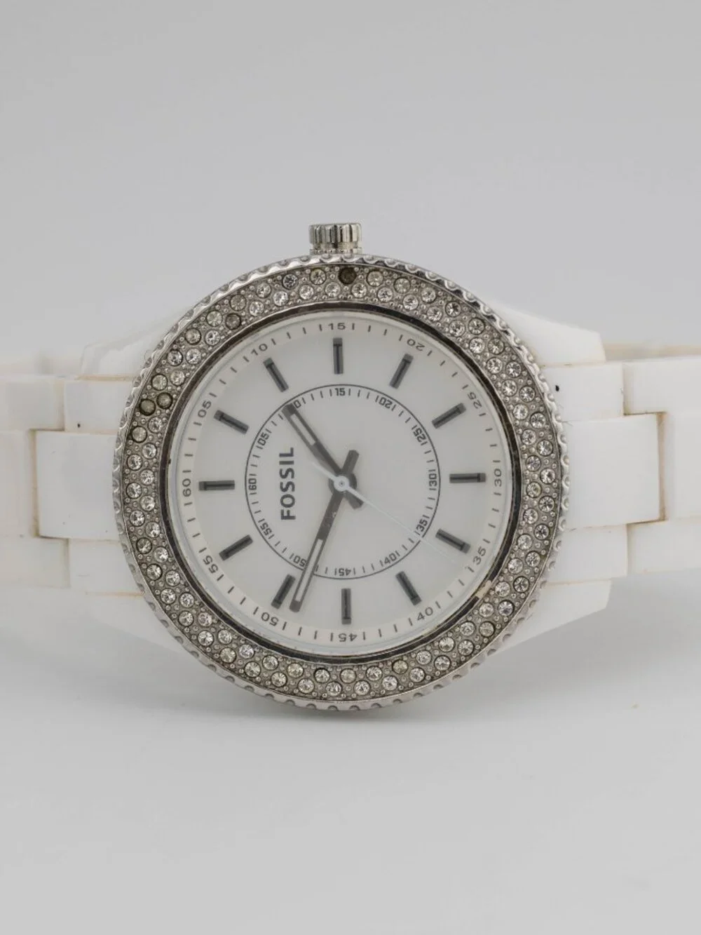 FOSSIL ES-2444 Stella Glitz White Resin Quartz Analog Women's Watch New Battery